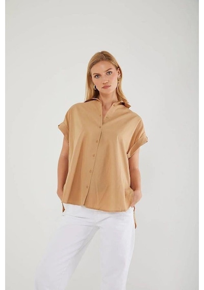 Mixray 3967 Kadın Apoletli Kısa Kol Oversize Gömlek Vizon