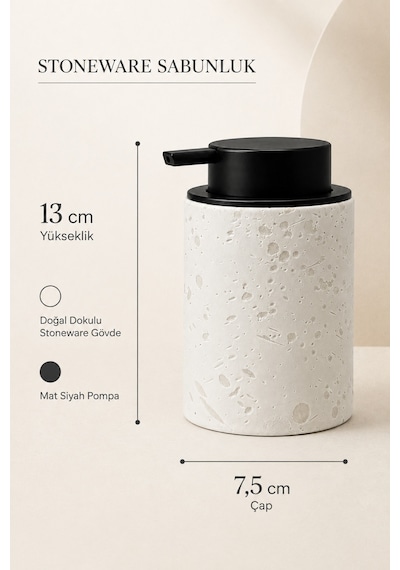 Terra Stoneware Traverten Dokulu Siyah Pompalı Dekoratif Sıvı Sabunluk 500 Ml , 13 X 7.5 Cm Beyaz