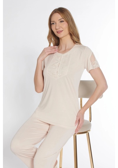 Kısa Kol Klasik Zakkum Pijama Takımı Dantel Detaylı Flz 88-114 Bej