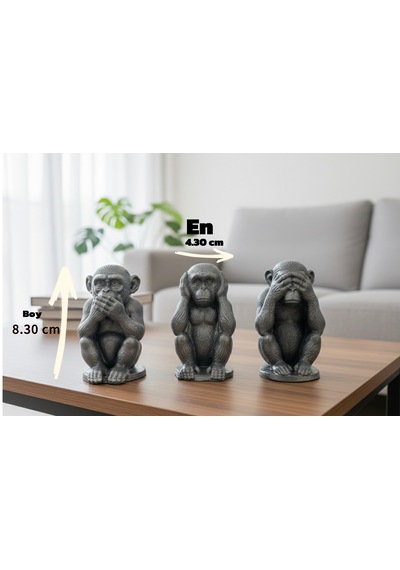 3'lü Dekoratif Gümüş Eskitme Maymun Biblo Seti 8.30cmx4.30cm