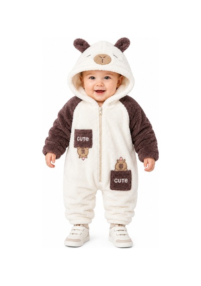 Chicsy Baby Tatlı Ayıcık Nakışlı Bebek Welsoft Tulum Kapüşonlu Kulaklı Fermuarlı Cepli Kışlık Peluş Tulum Kahverengi
