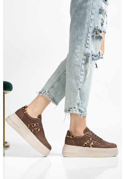 Bahrina Kadın Kalın Tabanlı Sneaker Kahve Süet Leopar