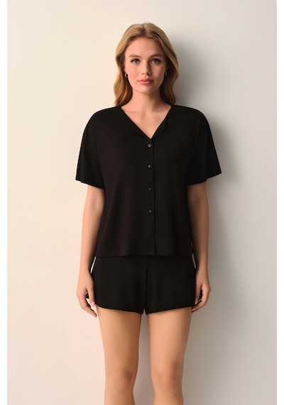 Suwen Mira Modal Gömlek Yaka Şort Pijama Takımı Sh26635667b012 Siyah