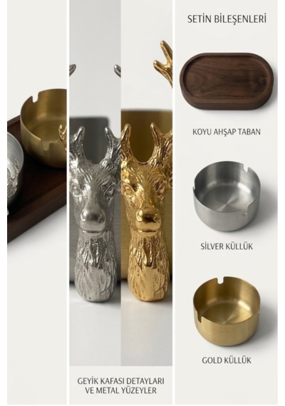 Küllük Ahşap Sunumluk Geyikli Gold-gümüş Metal İkili Dekoratif Küllük Klasik