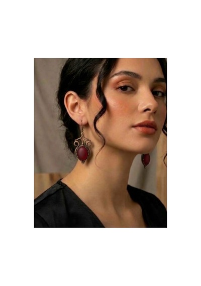 Bronz Kristal Taşlı Vintage Kadın Küpe Bordo - 935450377 Bordo