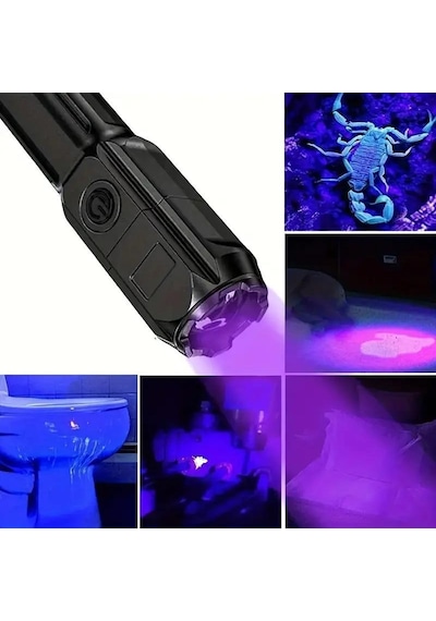 Valkyrie 395nm Uv Mor Işık Şarjlı El Feneri 1200mah Batarya, Type-c Şarj, Hafif Ve Güçlü Tasarım Siyah