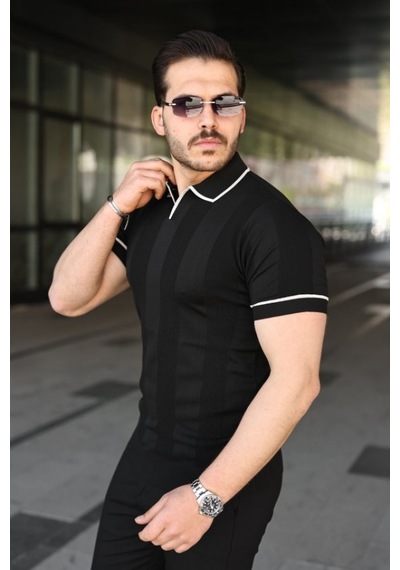 Efnaz Style Erkek Dokulu Desen Yakalı Kısa Kollu Tişört Siyah