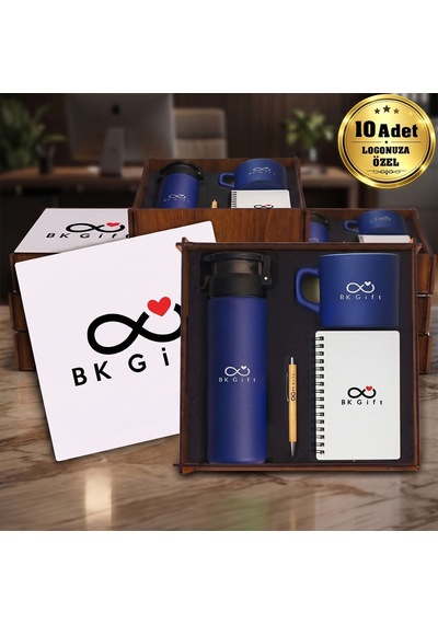 Logonuza Özel 10 Adet Ahşap Kutulu Lacivert Kurumsal Hediye Seti Cam Suluk, Seramik Fincan, Defter Ve Kalemli Promosyon Seti Bitmeyencom37210 Bk Kurumsal