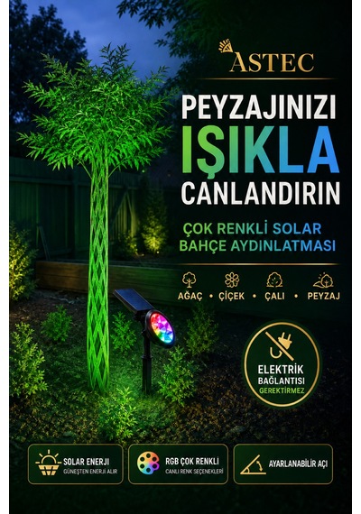 Astec Solar Güneş Enerjili Rgb Kazıklı Bahçe Aydınlatma Lambası 18w Dış Mekân Led Spot Çok Renkli