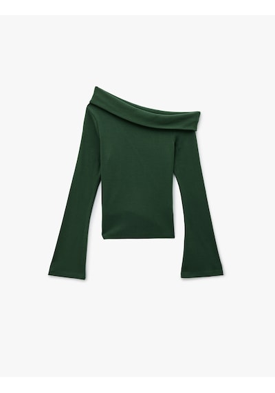 Koton Pamuklu Slim Fit Uzun İspanyol Kollu Omzu Açık Tişört Haki 6wak50039ek Haki