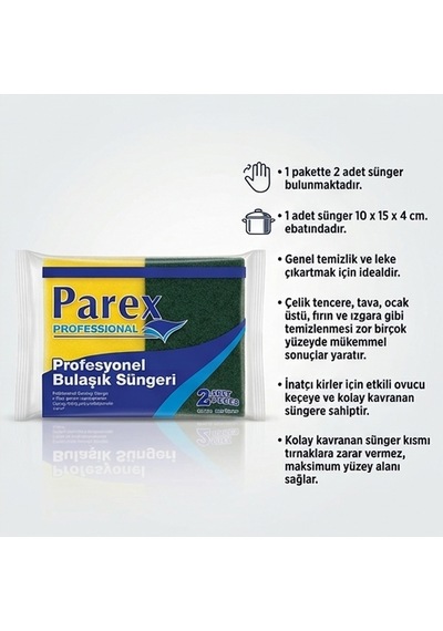 Parex Oluklu Bulaşık Süngeri 2 Li Professional Endüstriyel 10 X 15 X 4 Cm