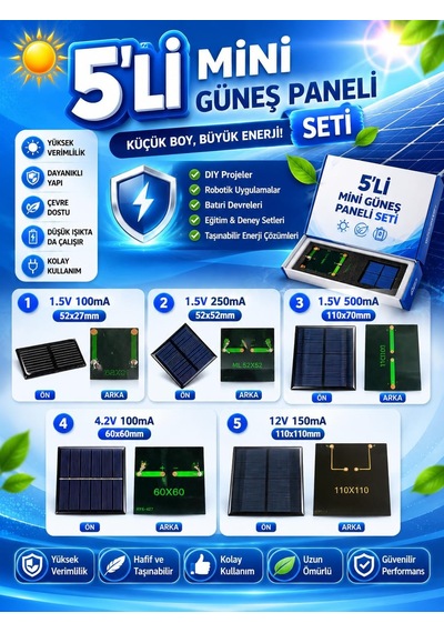Mini Güneş Paneli Seti 5'li Solar Panel Paketi 1.5v / 4.2v / 12v