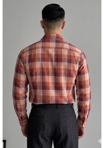 Erkek Ekose Gömlek Slim Fit Pamuklu Uzun Kollu Günlük Şık Gömlek Turuncu