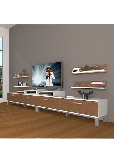 Decoraktiv Ekoflex 360r Slm Krom Ayaklı Tv Ünitesi Tv Sehpası Beyaz - Ceviz