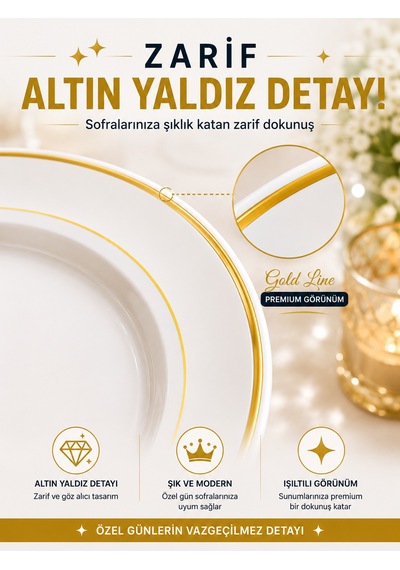 6'lı Altın Yaldızlı Plastik Tabak 19 Cm Porselen Görünümlü Kullan At Parti Davet İkram Tabağı