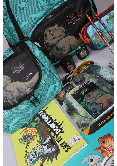 X Dekomus "t-rex Force Collection" Jurassıc World Lisanslı Okul,beslenme Ve Kalem Çantası Kırtasiye Seti Altın