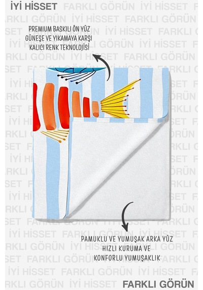 Balık Temalı Çizgili Çocuk Plaj Havlusu - Marine Tropikal Mavi Beyaz Hızlı Kuruyan Mikrofiber Havlu Mat Yasemin
