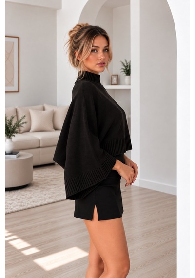 Lima Siyah Kadın Yarım Balıkçı Yaka Yarasa Kol Oversize Crop Triko Kazak