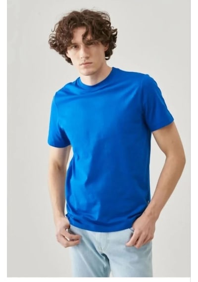 Erkek Tişört Kısa Kol Düz Bisikilet Yaka Oversize T-shirt - Mavi