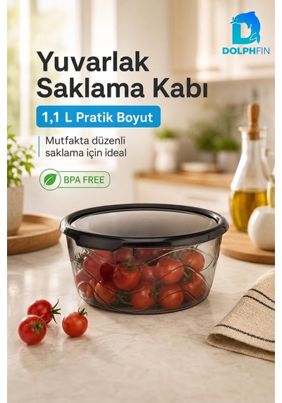 Yuvarlak Saklama Kabı 1,1 Litre 17x17x7 Cm Füme Şeffaf Siyah Kapaklı Bpa İçermez