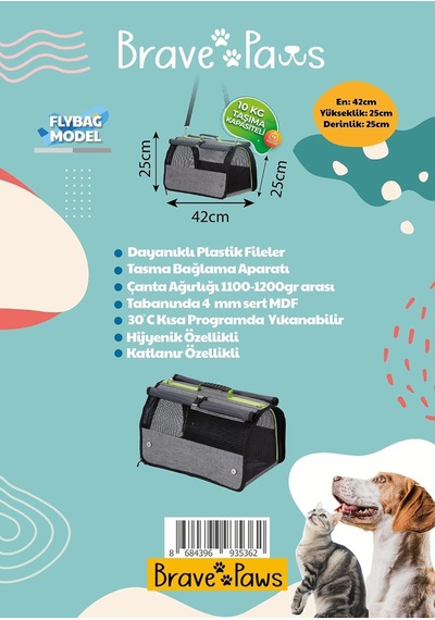 Ayrex Brave Paws Perdeli Flybag Model Plastik Yırtılmaz Fileli Kedi Ve Köpek Taşıma Havayolu Çantası Gri Renkli