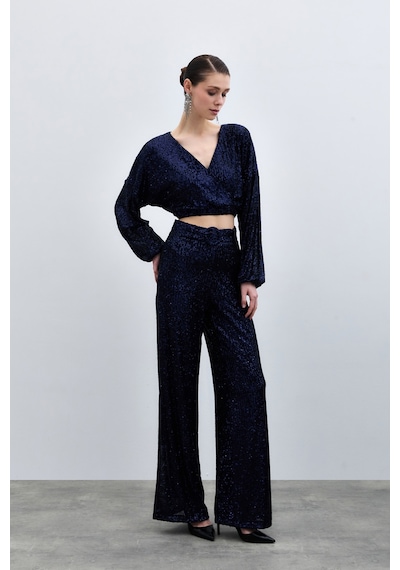 Sateen Kemerli Payet Pantolon - Lacivert-134250 Lacivert