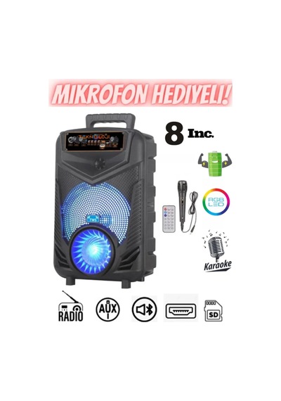 Kablosuz Hoparlör 8 İnç Büyük Boy Bluetooth Speaker Karaoke Mikrofon Işıklı Parti Fmradyo Aux Sd Usb