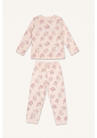 Defacto %100 Pamuk Kedi Baskılı Bisiklet Yaka Uzun Kollu Pijama Üstü Esnek Belli Uzun Pijama Altı 2li Pijama Takımı Kız Bebek I3230a526auer233 Ekru-er233