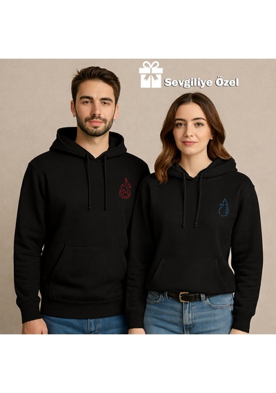 Nevermind Sevgili Çift Kombin Ateş Ve Su Baskılı Hoodie Unisex Oversize Ka Siyah1
