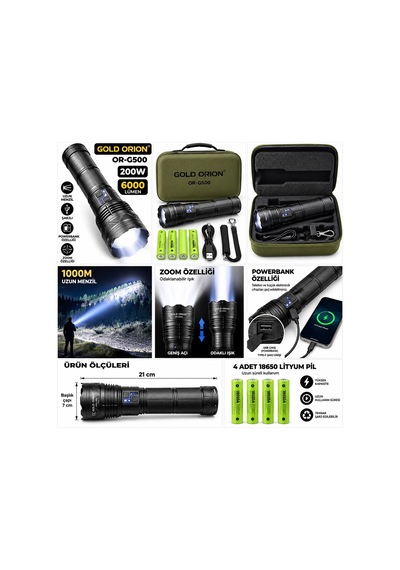 Or-g500 200w 6000 Lümen Uzun Menzilli Zoomlu Led Şarjlı El Feneri Belirtilmemiş
