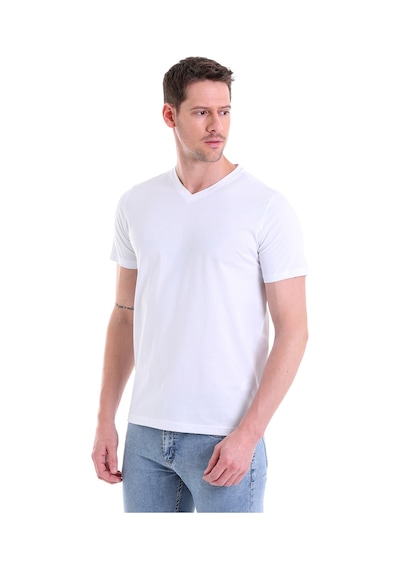 Hatemoğlu Düz Slim Fit 100% Pamuk V Yaka Tişört Beyaz