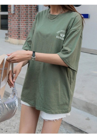Flood Of Style Kadın Yeşil Mountaın Oversize Bisiklet Yaka Tshirt