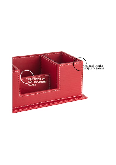 Masaüstü Deri Organizer Kalemlik 4 Gözlü Desktop Organizer Rainbow Vegan 10x12x25 Cm. Kırmızı