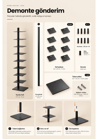 Axis 8 Raflı Metal Kitaplık Modern Tasarım Dikey Dekoratif Kitaplık Gümüş - 935176049 Gümüş