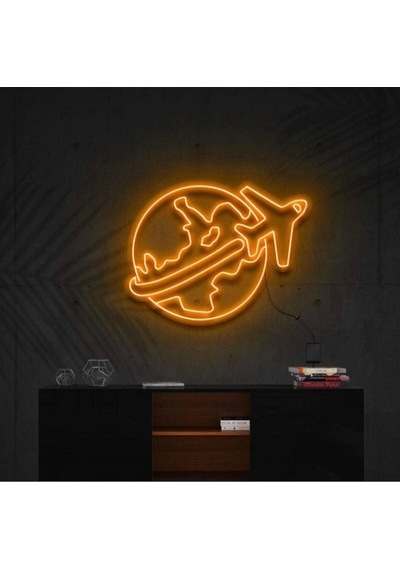 Dünya Ve Uçak Figürlü Neon Tabela Turuncu
