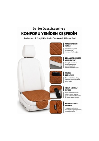 Ergonomik Cepli 3 Parça Oturak Deri Oto Minder Seti Taba