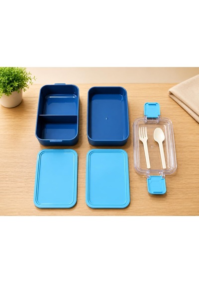 Dordoi Astrallife 2 Katlı Beslenme Kabı 850 Ml + 500 Ml Bölmeli Lunch Box Çatal Kaşık Seti Mavi Renk Çok Renkli