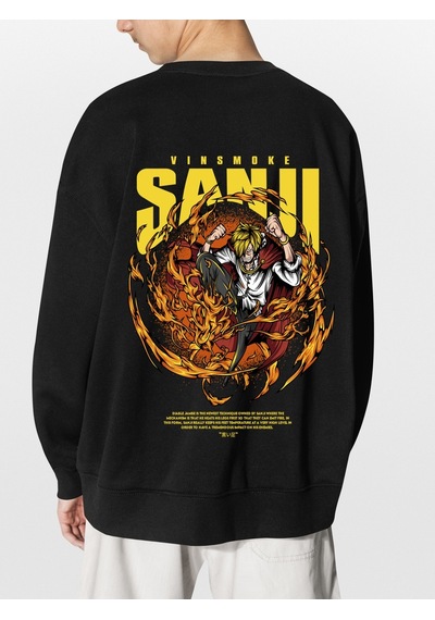Unisex Siyah Sanji Baskılı Hoodie Oversize Kapşonsuz Sweatshirt Siyah