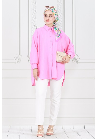 Sevitli Bol Kesim Yırtmaçlı Gömlek-pembe-3984-pembe Pembe