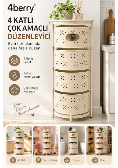 4 Katlı Metal Çok Amaçlı Düzenleyici Sepet Mutfak Sebzelik, Oyuncak, Banyo Ve Ev Organizeri Krem