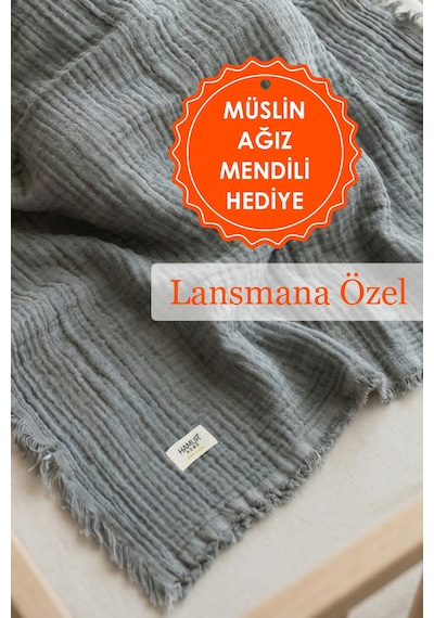 Bebek 4 Katlı Müslin Pike Örtü %100 Pamuk 2'li Ağız Bezi Hediyeli Yenidoğan 85x100 Battaniye Gri