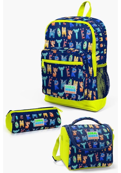 Coral High Kids Lacivert Neon Sarı Monster Desenli 3 Lü Okul Çanta Seti Set0123726 Çok Renkli