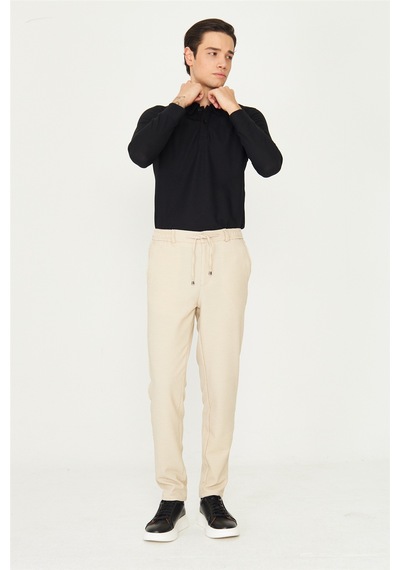 Bej Mikro Desenli Bağcıklı Modern Jogger Pantolon Bej