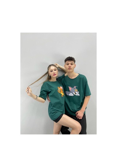 Flood Of Style Unisex Tshirt Yeşil Tom Ve Jerry Baskılı Sevgili Çift Kombini 2 'li Set