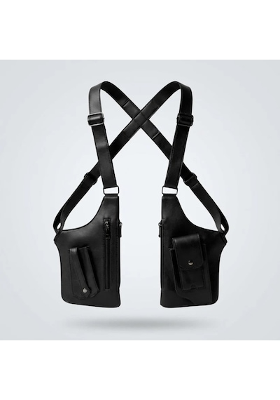 Newish Polo Newishpolo Erkek Siyah Vegan Deri Çapraz Askılı Çok Cepli Harness Göğüs Çantası - New424