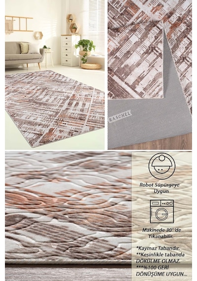 Raschel Carpet Kahve Emboss Desenli Kalın Yumuşak Kaymaz Özel Taban Halı Yolluk Kahverengi
