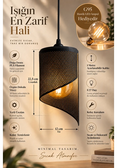 Spiral Tekli Sarkıt Avize Modern Özel Tasarım Salon Mutfak G95 Rustik Led Ampul Hediyeli Siyah