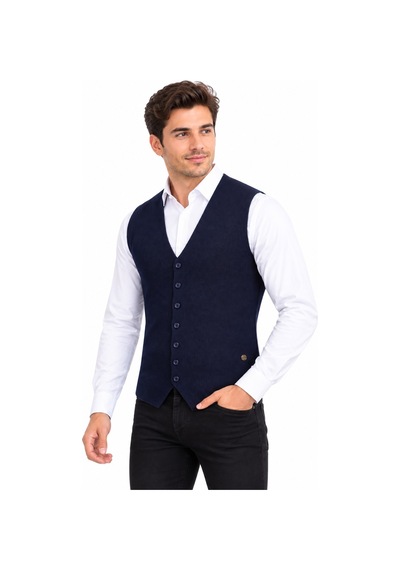 Çizgi Triko Erkek Düğmeli V Yaka Regular Kalıp Triko Yelek Bgl-st05772 İndigo