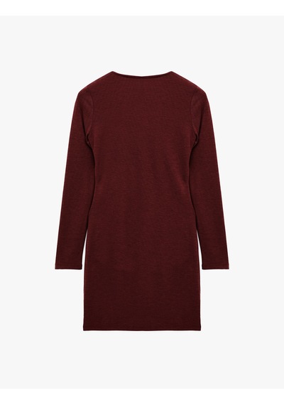 Koton Koyun Yünü Karışımlı Slim Fit Uzun Kollu Drapeli Mini Elbise Bordo 7wak80013uk