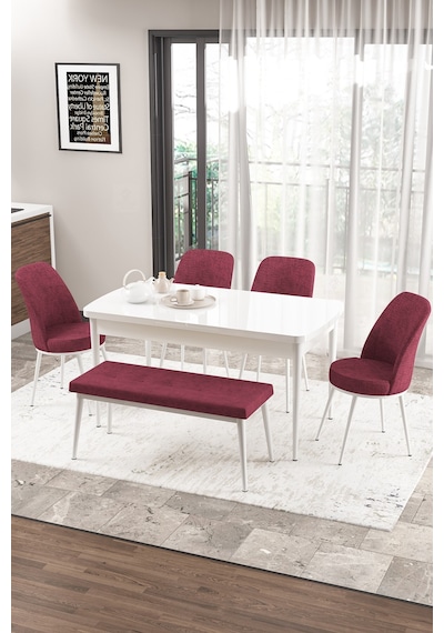 Canisa Concept Zen Serisi 80x132 Mdf Açılabilir Beyaz Masa Takımı 4 Bordo Sandalye Ve 1 Bench Masa Beyaz Sandalye Ve Bench Bordo Canisa Concept Zen Serisi 80x132 Mdf Açılabilir Beyaz Masa Takımı 4 Bordo Sandalye Ve 1 Bench Masa Beyaz Sandalye Ve Bench Bordo